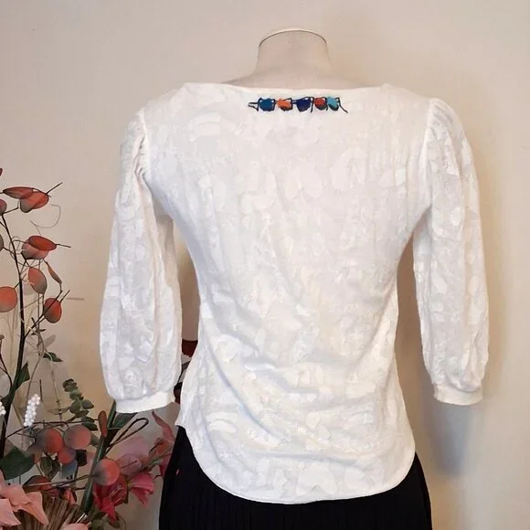NWOT Aventures des Toiles Women’s White Ruffle Lined Blouse Top ¾ Sleeve 6 - Picture 6 of 11